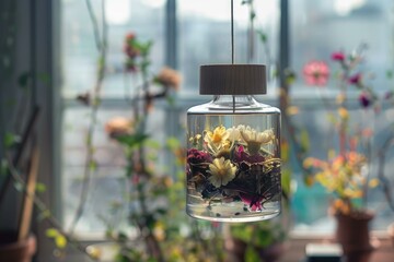 Sticker - Glass jar hanging from ceiling containing flowers and water creating a cozy ambiance