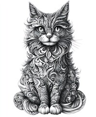 Sticker - A detailed black and white illustration of a cat with intricate patterns.