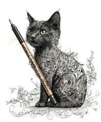 Wall Mural - A stylized black cat adorned with intricate floral patterns, holding a pen.