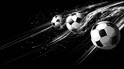 soccer or football balls with motion streaks in black and white, ideal for sports logos, mascots, an