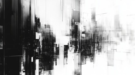 Greyscale code glitch effect on a flat screen, front view