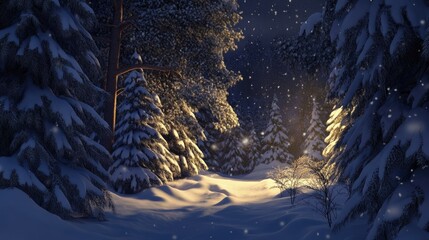 winter night landscape. snowy forest and fir branches