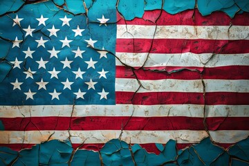 Sticker - Painted American flag on cracked concrete wall. USA flag on cracked concrete wall.