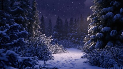 Wall Mural - winter night landscape. snowy forest and fir branches