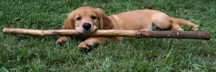 A cute golden retriever puppy chews on a toy stick on green grass in the backyard