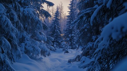 Wall Mural - winter night landscape. snowy forest and fir branches