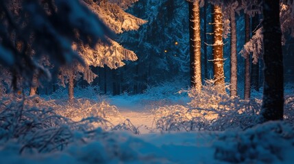 Wall Mural - winter night landscape. snowy forest and fir branches