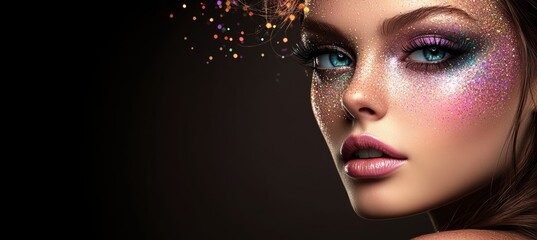 An illustration of a woman on a dark background with colorful paint and glitter on her face