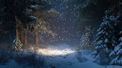 Wall Mural - winter night landscape. snowy forest and fir branches