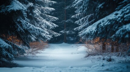 Wall Mural - winter night landscape. snowy forest and fir branches