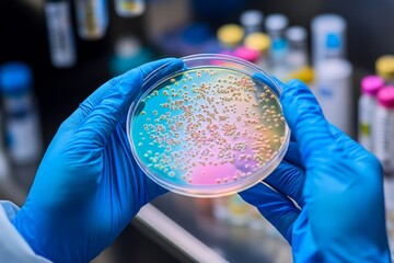 The hands of the scientist are covered in blue rubber gloves, while the lab scientist is holding a Petri dish of microorganisms. The lab scientist has found unusual microorganisms cultured in a