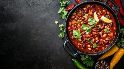 Wall Mural - An image of a black background with a bowl of chili featuring a variety of vegetables and spices