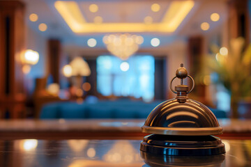 Hotel service bell on table in hotel lobby, interior design concept. Generative AI