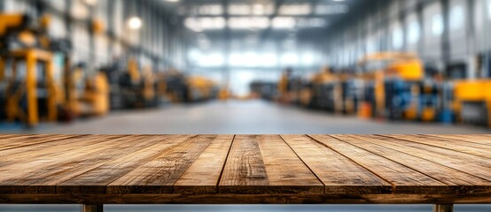 Wall Mural - With a blurred industrial warehouse backdrop, the image reveals an empty wooden table providing ample copy space