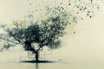 Wall Mural - Abstract tree growing with digital squares on a light background