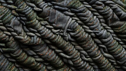 Wall Mural - Close-up of a woven rope texture with a diagonal pattern. The rope is dark grey and black, with a slight green tint in some areas. The texture is rough and textured.