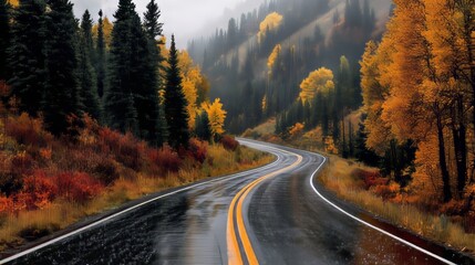 Wall Mural - An autumn mountain road adorned with fiery foliage as a light fog settles over the area. Autumnal colors are muted in this setting as rain falls.