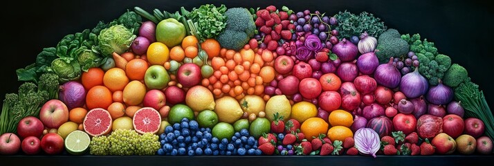 Rainbow-colored assortment of organic fruits and vegetables