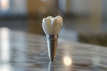 Poster - Dental implant standing on shiny surface, representing dental care and implantology