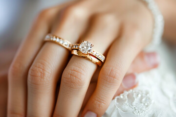 Close-up of two hands with wedding rings on white background. Generative AI