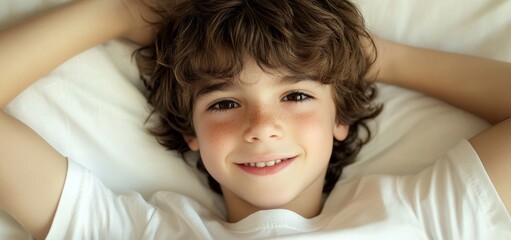 The image shows a boy with dark hair with brown eyes wearing a white T-shirt smiling. Creative banner. Image from Copyspace.