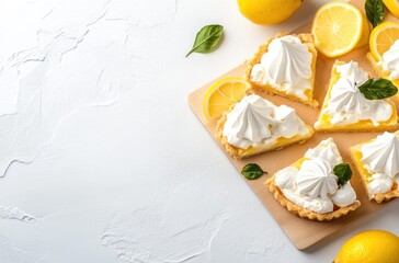 Sticker - Lemon Meringue Pie Slices with Lemon Wedges on a White Surface