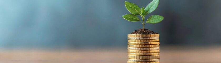 A young plant growing from a stack of coins, symbolizing financial growth and sustainable investment concepts.