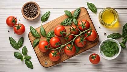 tomatoes on a cutting board on white wooden table seen from above	