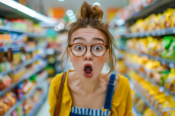 Surprised woman in a supermarket. Shocked girl in a supermarket. Generative AI