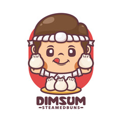 Wall Mural - Chef cartoon mascot with dim sum. Vector illustration for culinary business