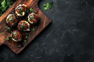 Canvas Print - Gourmet Stuffed Meatballs with Parsley on Wooden Cutting Board