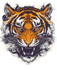 Canvas Print - A fierce tiger's head illustration with detailed features and vibrant colors.