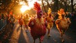 © Emiliia - Runners in vibrant turkey costumes compete in a festive Thanksgiving morning race as the sun rises over the park, creating a joyful atmosphere.