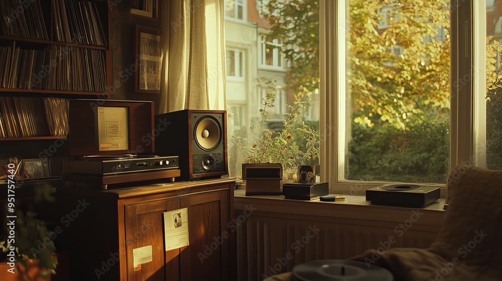 Stack of vinyl records next to Hi-fi stereo system with larger speakers ...