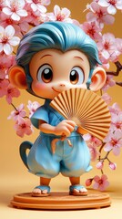 Wall Mural - Cute Cartoon Monkey in Traditional Japanese Outfit with Cherry Blossom Background