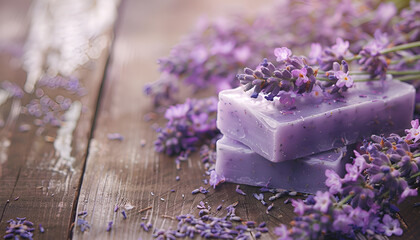 Wall Mural - Natural lavender soap with lavender herbs on wooden background