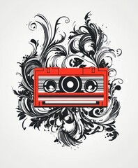 Canvas Print - A stylized illustration of a cassette tape surrounded by decorative floral elements.