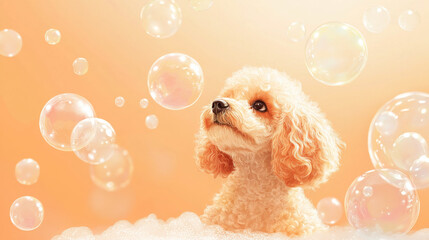 Wall Mural - Curly Poodle puppy with soap bubbles