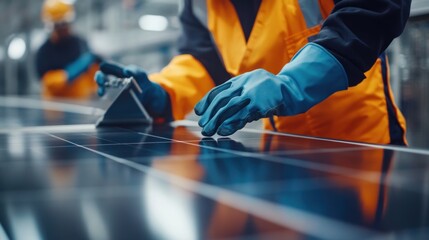 Wall Mural - Worker Assembling Solar Panels in a Factory