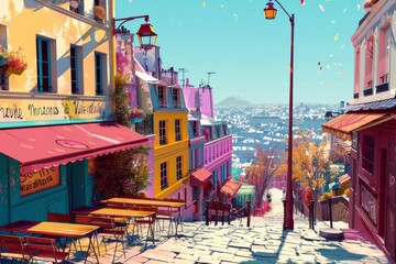 Wall Mural - Montmartre with Olympic sports, artistic Parisian ambiance, romance, bright and vibrant colors, 3D illustration 