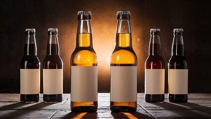 Low angle view of two glass bottles with beer and blank labels in row on dark background with back light