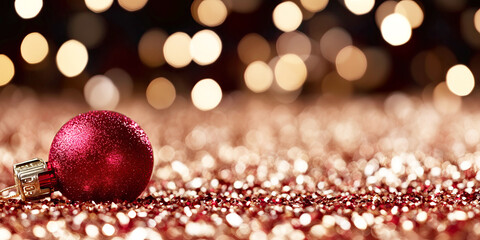 Wall Mural - red christmas bauble ornament on glitter background banner with xmas bokeh lights and copy space