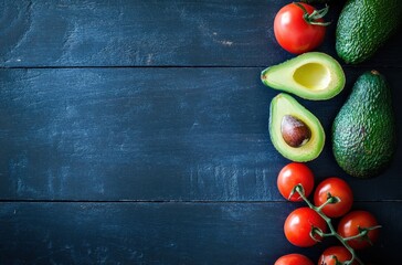 Canvas Print - Fresh Avocados and Tomatoes on a Blue Wooden Background