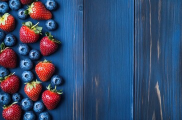 Wall Mural - Blueberries and Strawberries on Blue Wooden Background