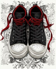 Poster - A pair of black and white sneakers with red laces, artistically illustrated on a decorative background.