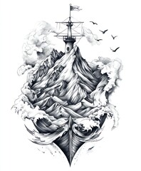 Poster - A detailed black and white illustration of a lighthouse atop mountains, surrounded by waves.