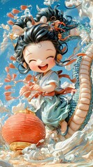 Sticker - Cute Cartoon Girl Riding a Dragon with a Lantern