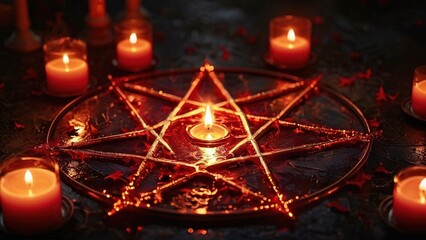 A pentagram with lit candles surrounding it in the center of a circle with red petals scattered around.