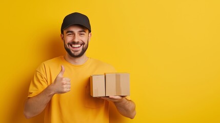 Smiling delivery man in a yellow shirt and cap holding a package with a thumbs-up gesture, standing against a yellow background.