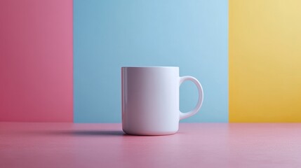 Wall Mural - A white coffee cup sits on a table in front of a colorful background